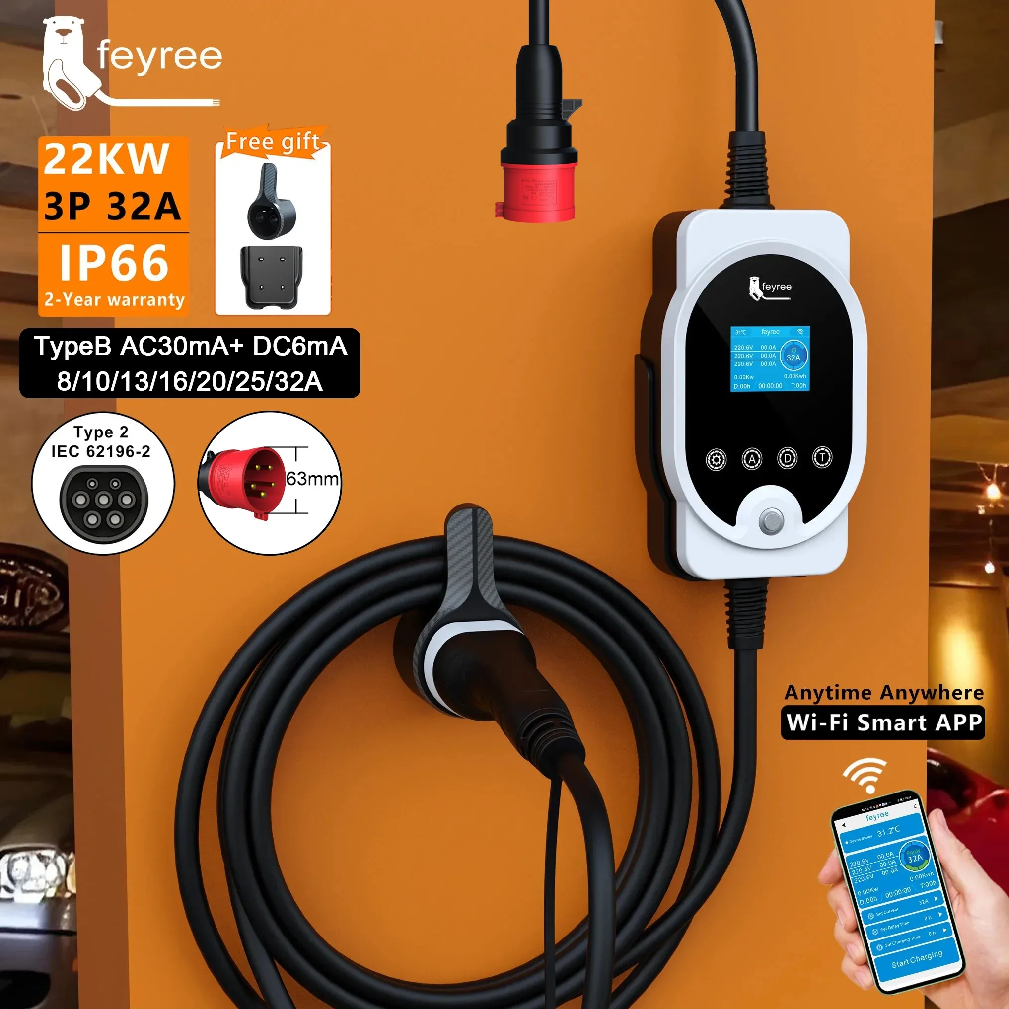 شاحن Feyree بقوة 22 كيلو واط م - مراجعة Ev Charger Type 2 22Kw 32A 3 Phase وسعره
