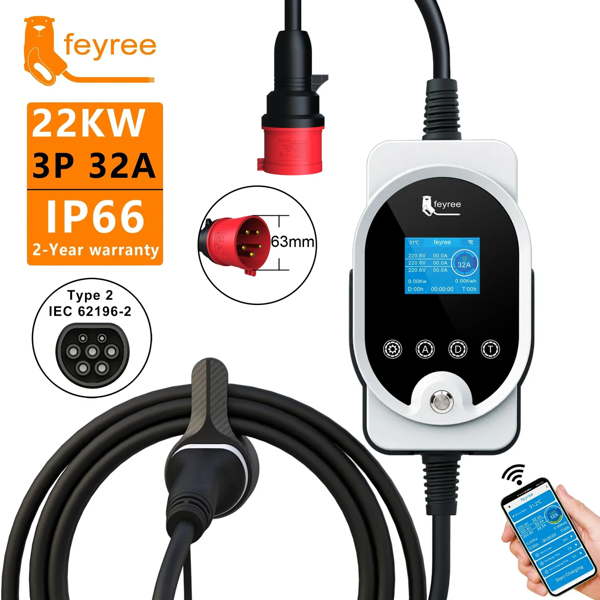 شاحن Feyree بقوة 22 كيلو واط م - مراجعة Ev Charger Type 2 22Kw 32A 3 Phase وسعره